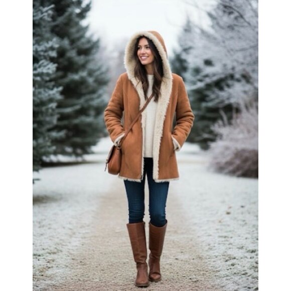 Vtg Wilsons Leather Brown Faux Suede & Fur Lined Hooded Penny Lane Coat | Boho S - Picture 8 of 8